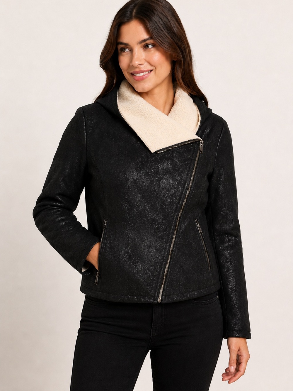 Wooly Billy Black Vegan Leather Jacket with Cream Sherpa Lining